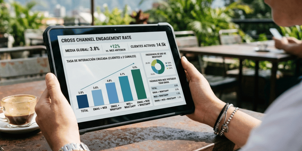 Gráfico del Cross Channel Engagement Rate midiendo clientes que interactúan en dos o más canales como email, web y WhatsApp