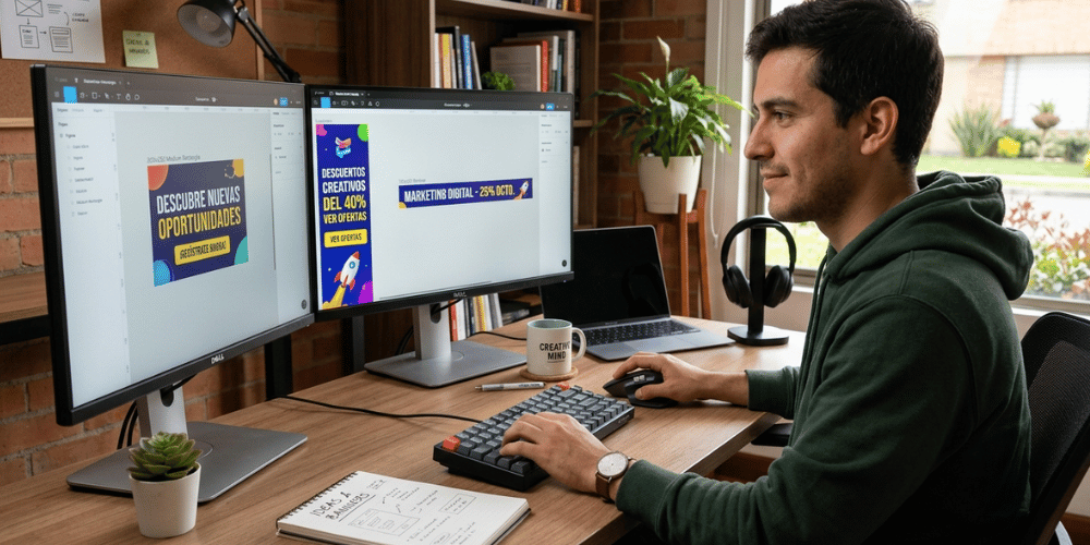 Chico diseñador, en casa, realizando en su computadora el diseño de banners creativos efectivos que captan la atención del usuario.