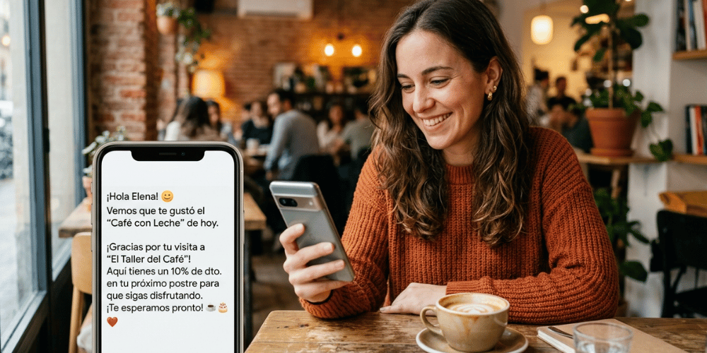 Cliente recibiendo mensaje personalizado en su móvil, evitando campañas masivas de 'compra ahora' para construir lealtad de cliente con comunicación contextual