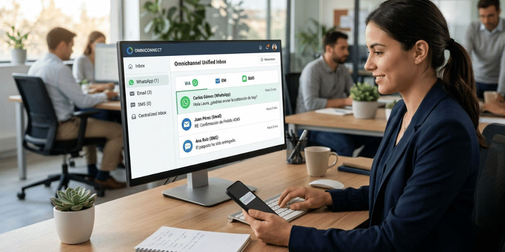 Plataforma omnicanal que elimina los inbox fragmentados centralizando WhatsApp, email y SMS en una bandeja única.