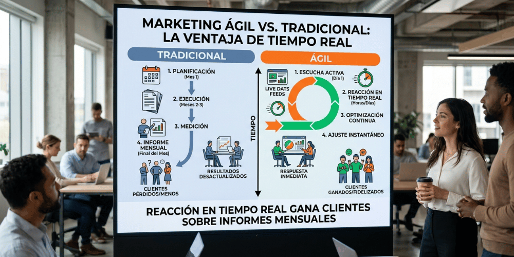 Gráfico que compara el marketing tradicional con el marketing ágil, mostrando cómo la reacción en tiempo real gana clientes frente a los informes mensuales.